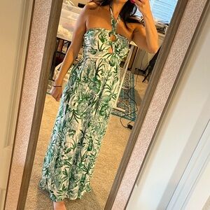 Tropical Leaf Print Halter Jumpsuit